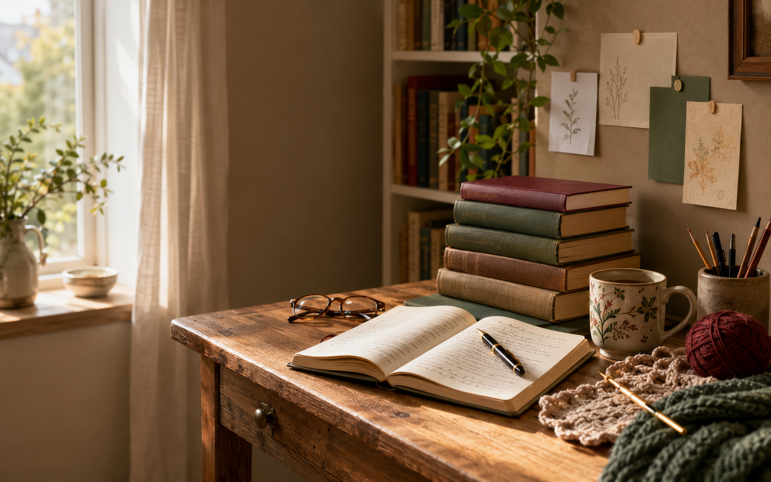 A warm teacher's desk with books, lesson notes, tea and crochet